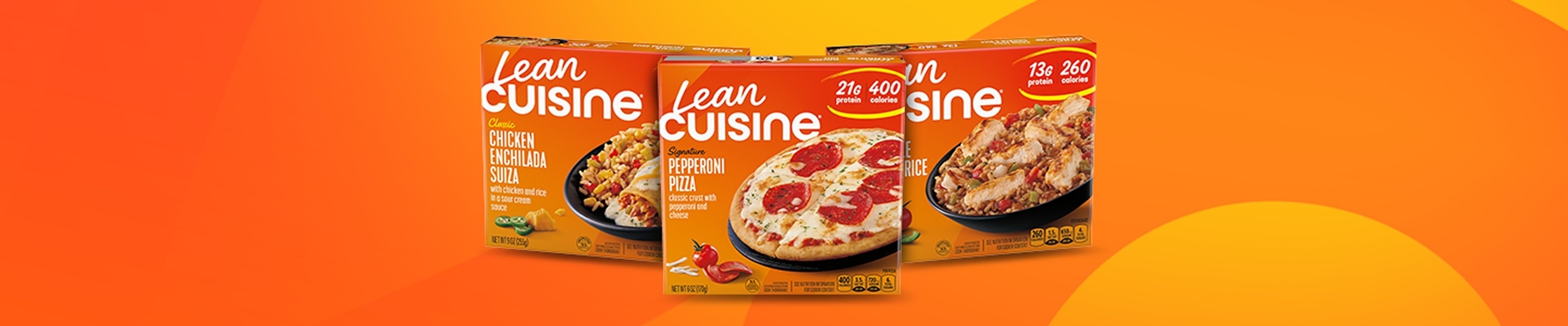 Package shots of Five Cheese Rigatoni, Meatloaf with Mashed Potatoes and Pepperoni Pizza on a light marble background.